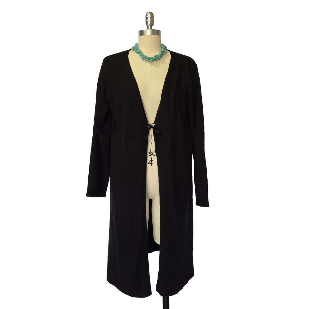 April Cornell Black Duster Cardigan Sweater Size XL Cottage Long Tie Front